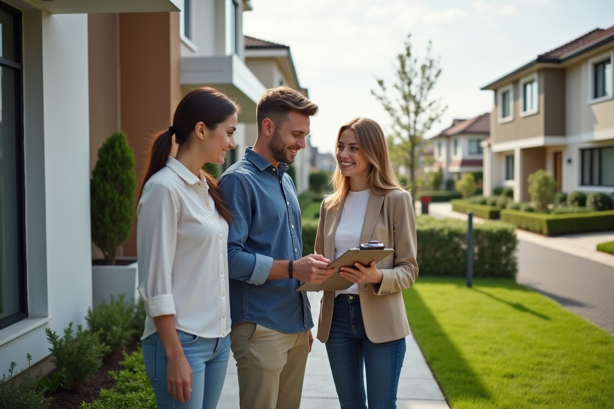 Jeune couple visitant une maison dans un quartier résidentiel