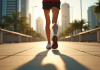Jambes et pieds en chaussures de course sur un trottoir urbain ensoleille
