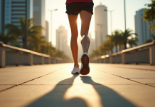 Jambes et pieds en chaussures de course sur un trottoir urbain ensoleille