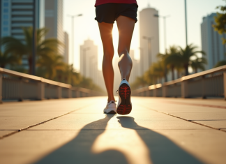 Passer des pas aux kilomètres : une mise en perspective avec 17 000 pas Jambes et pieds en chaussures de course sur un trottoir urbain ensoleille