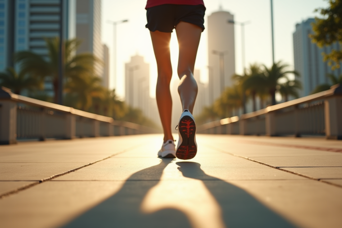 Jambes et pieds en chaussures de course sur un trottoir urbain ensoleille