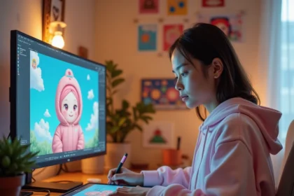 Jeune femme créant du pixel art kawaii sur tablette graphique dans un studio créatif cosy aux tons pastels