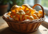 Champignons chanterelles fraîches dans un panier en osier sur une table en bois