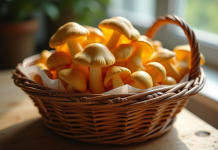 Champignons chanterelles fraîches dans un panier en osier sur une table en bois