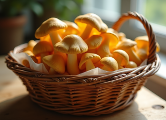 Recettes de saison : la chanterelle en vedette Champignons chanterelles fraîches dans un panier en osier sur une table en bois