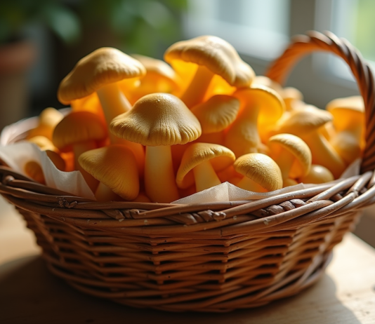 Champignons chanterelles fraîches dans un panier en osier sur une table en bois