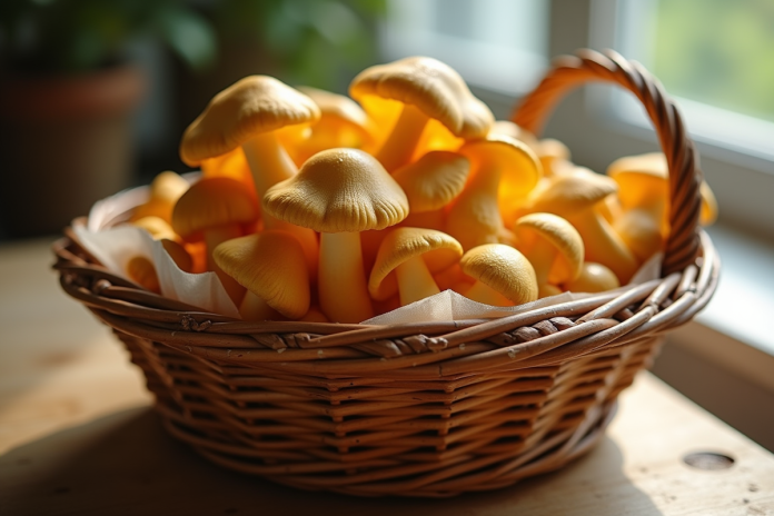 Champignons chanterelles fraîches dans un panier en osier sur une table en bois