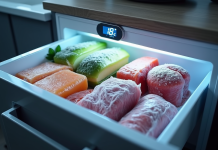 Congélateur de cuisine moderne ouvert avec aliments et thermomètre
