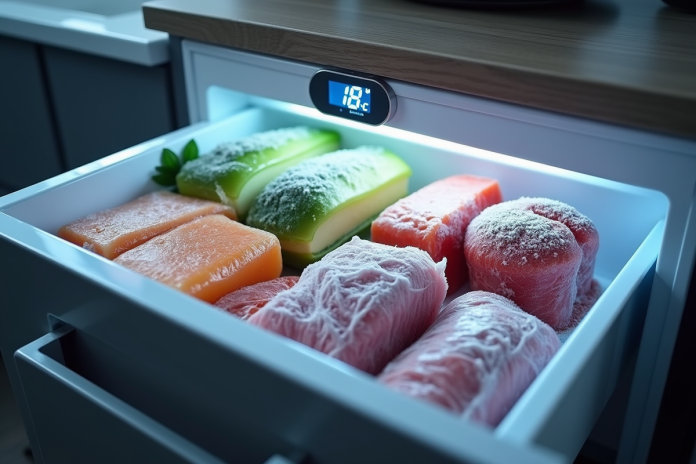 Congélateur de cuisine moderne ouvert avec aliments et thermomètre
