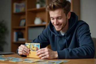 Jeune homme déballant une commande de cartes Pokémon reçue sur monpokedex, assis à un bureau en bois dans un intérieur chaleureux