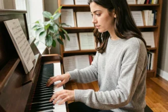 Jeune femme débutante au piano posant son doigt sur la touche si bémol lors d'une session d'apprentissage à domicile