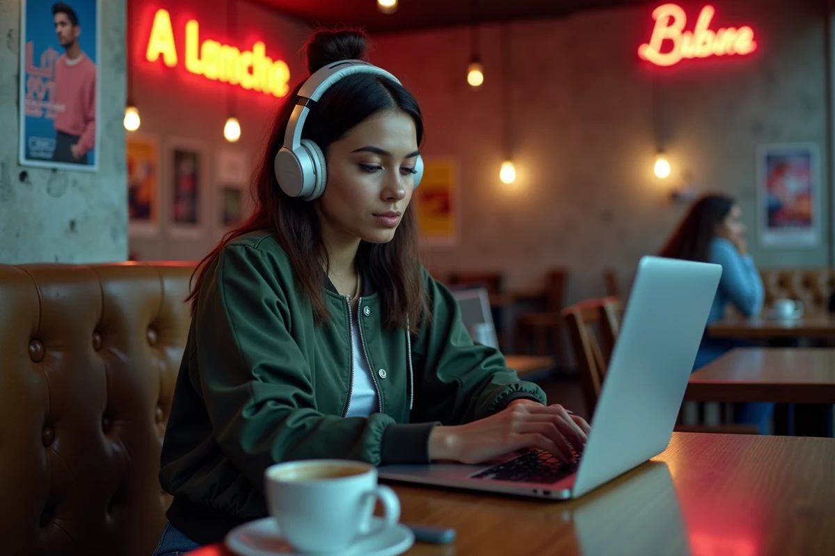 Jeune femme avec casque audio découvrant un rappeur américain sur son ordinateur portable dans un café branché