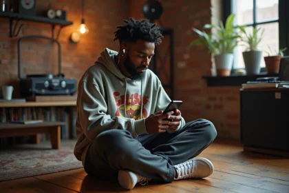 Jeune homme en streetwear écoutant du rap américain sur son smartphone dans un appartement urbain avec disques vinyles