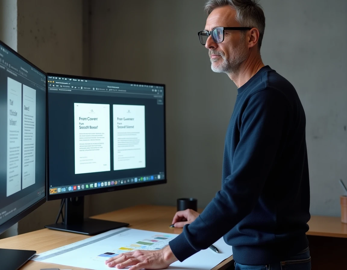 Designer graphique comparant la première et quatrième de couverture d'un livre sur écran en studio