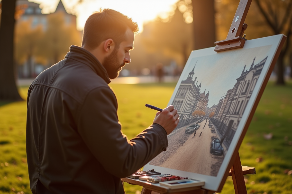 Artiste français esquissant en plein air dans un parc urbain