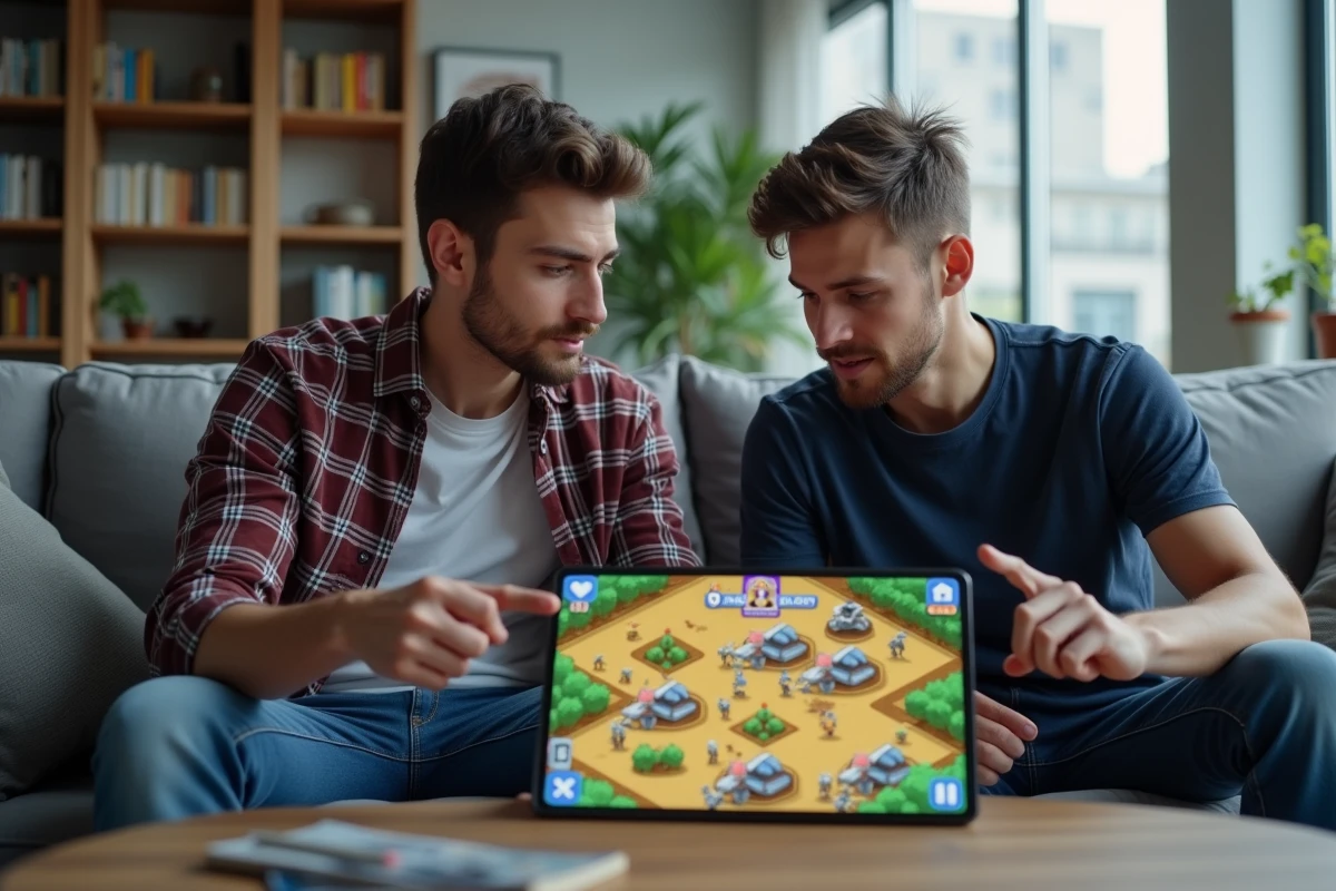 Deux jeunes hommes planifiant une composition HDV 12 sur Clash of Clans sur une tablette dans un salon moderne