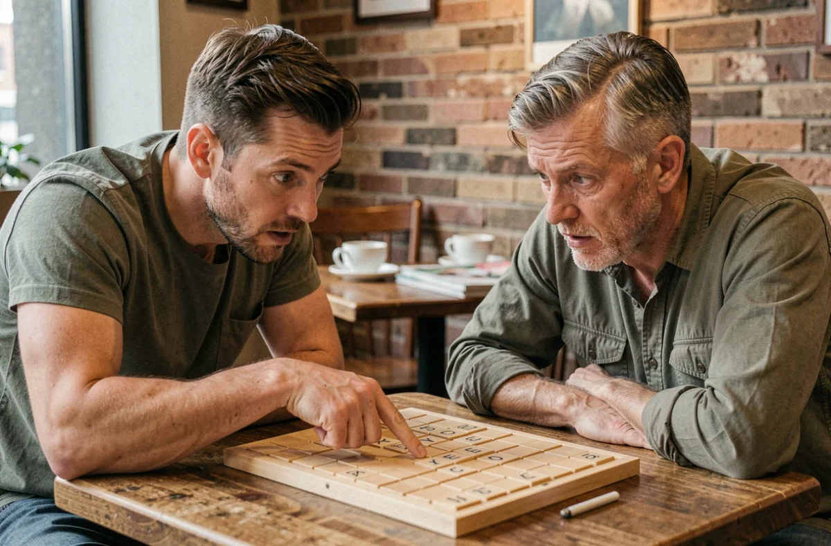 Deux joueurs de Scrabble en café stratégisant autour du mot YE sur le plateau de jeu