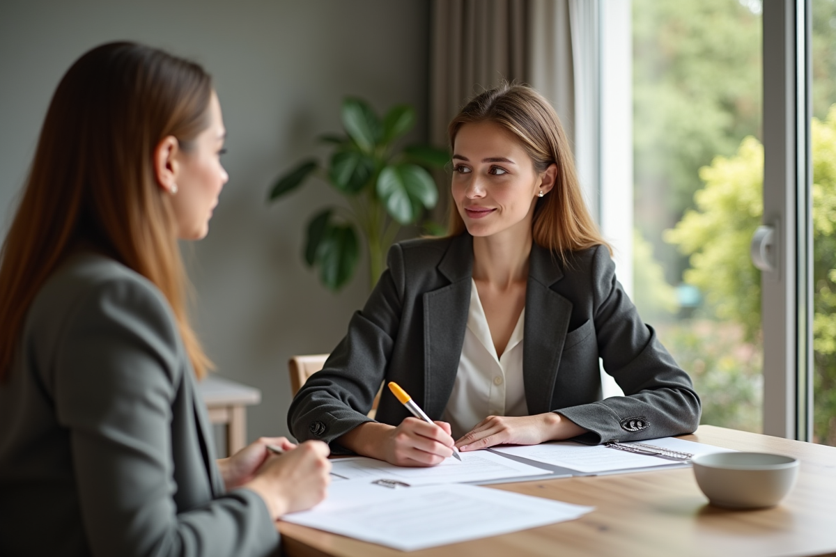 Jeune femme discutant immobilier avec un notaire à la maison