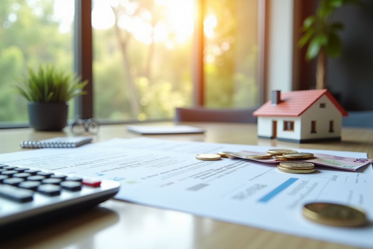Documents de vente immobilière avec calculatrice et maison miniature
