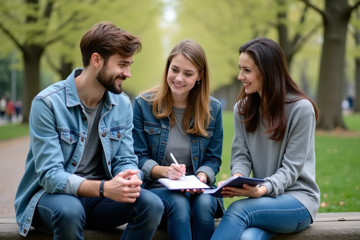 Un groupe de jeunes adultes échangeant des savoirs dans un parc urbain, symbolisant le partage informel de compétences selon le modèle Tovaraf