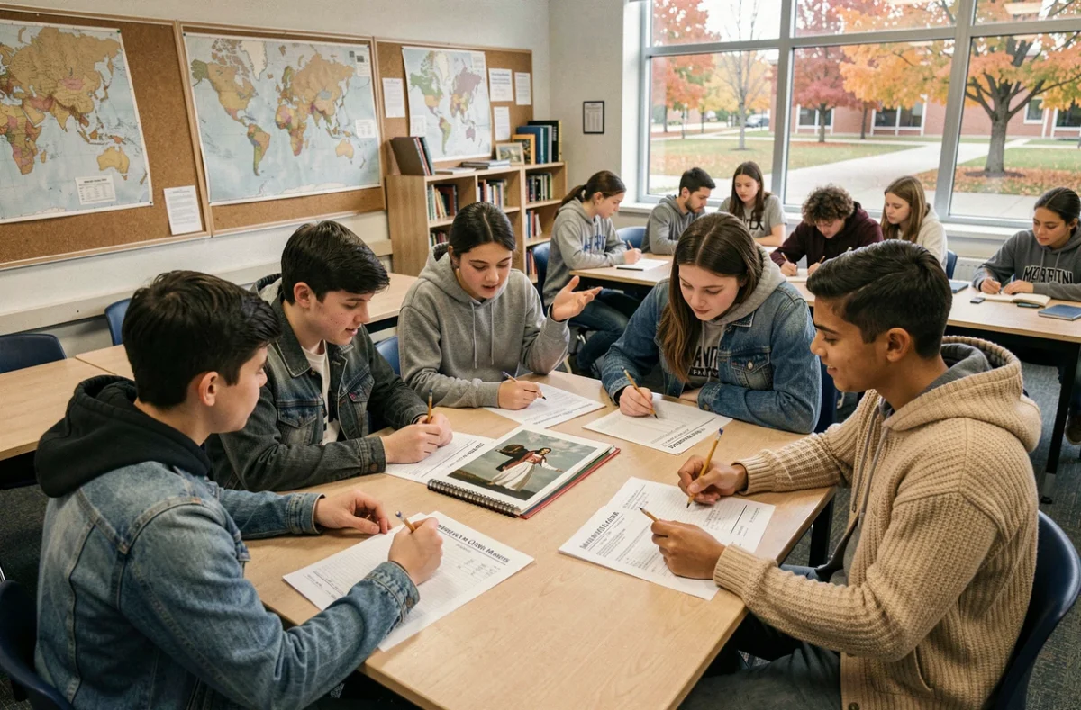 Groupe d'élèves analysant des reproductions du tableau American Progress de John Gast en cours d'histoire