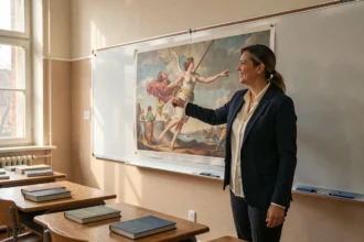 Enseignante présentant le tableau American Progress de John Gast devant une classe en salle de cours