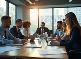 American Management Systems : une approche américaine de la gestion d’entreprise Groupe de professionnels américains en réunion stratégie