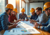 Équipe de gestionnaires de chantier analysant plans et tablettes
