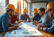 Équipe de gestionnaires de chantier analysant plans et tablettes