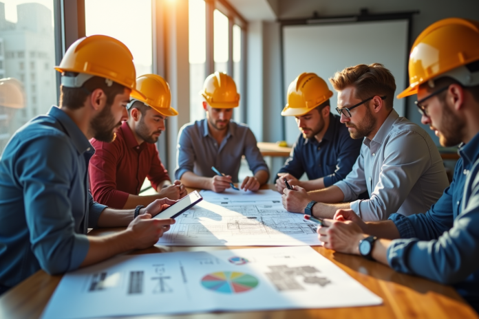 Équipe de gestionnaires de chantier analysant plans et tablettes