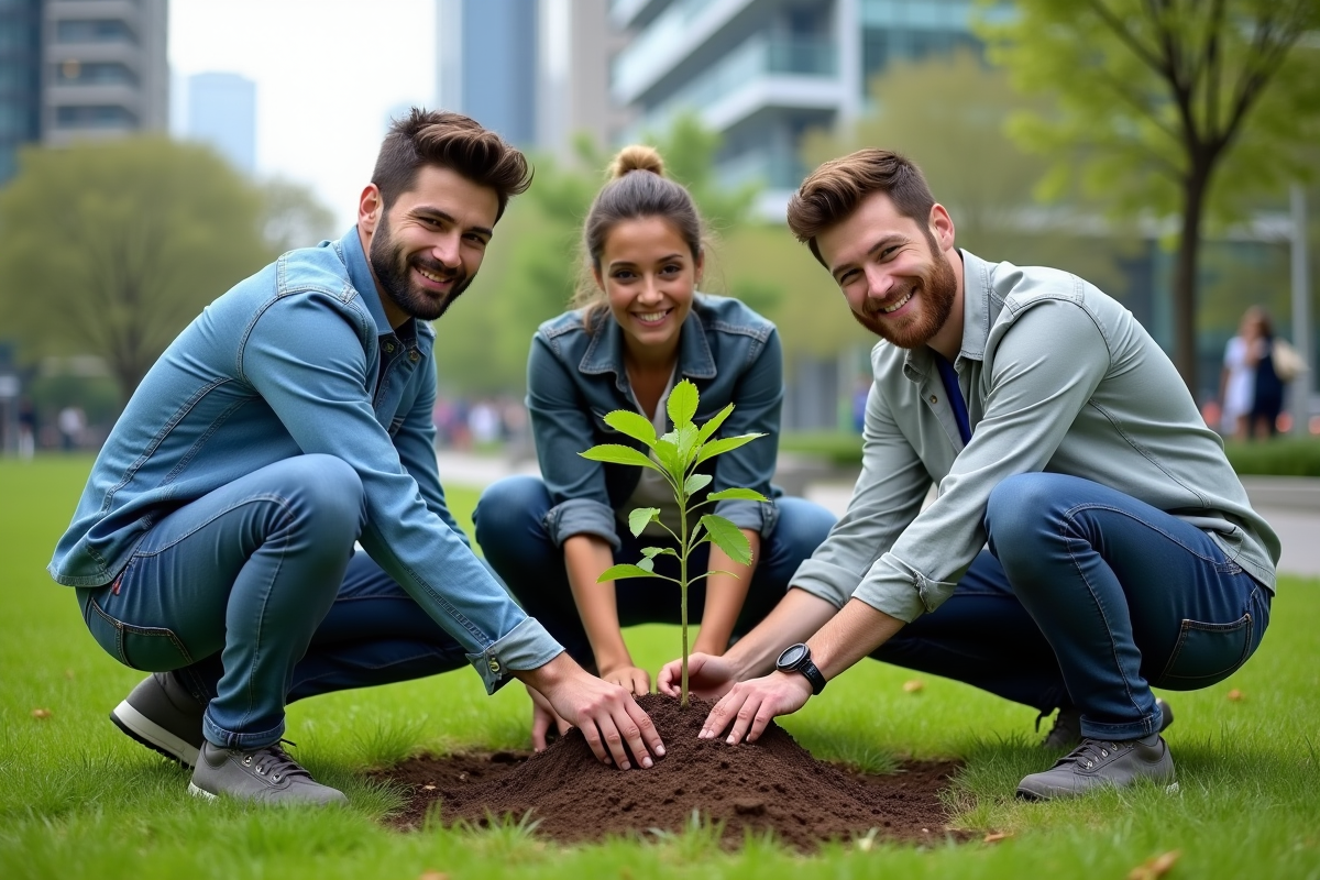 Jeunes professionnels plantent un arbre dans un parc urbain