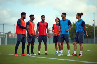 Groupe de joueurs amateurs divisés en deux équipes colorées sur un terrain de football avant un match équilibré