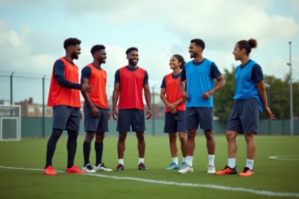 Groupe de joueurs amateurs divisés en deux équipes colorées sur un terrain de football avant un match équilibré