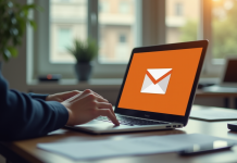 Espace de travail lumineux avec ordinateur portable Orange