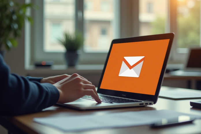 Espace de travail lumineux avec ordinateur portable Orange