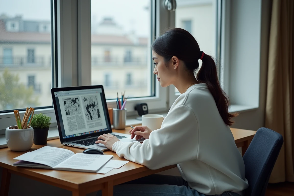 Étudiante lisant des scans One Piece sur ordinateur portable dans une chambre universitaire