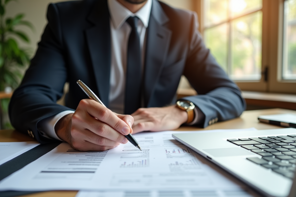 Executif français examinant des documents financiers au bureau