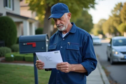 Facteur examinant une lettre dans un quartier résidentiel