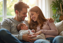 Famille heureuse avec bébé dans une lumière naturelle