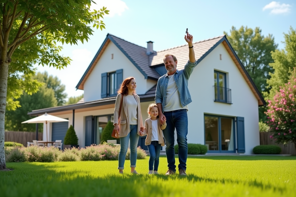 Famille souriante devant leur maison neuve en France