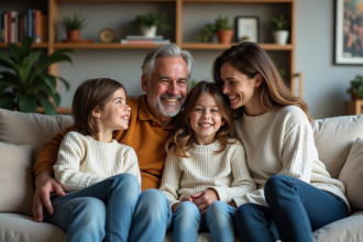 Famille multigenerations assise sur un canapé cosy