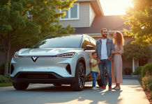 Famille heureuse avec SUV hybride 2025 dans la cour