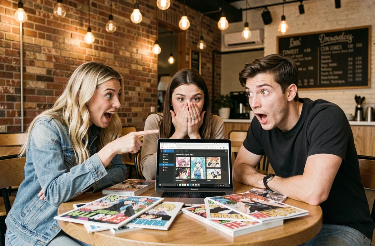 Groupe d'amis fans de One Piece réagissant avec surprise à la lecture du scan du chapitre 1149 dans un café urbain