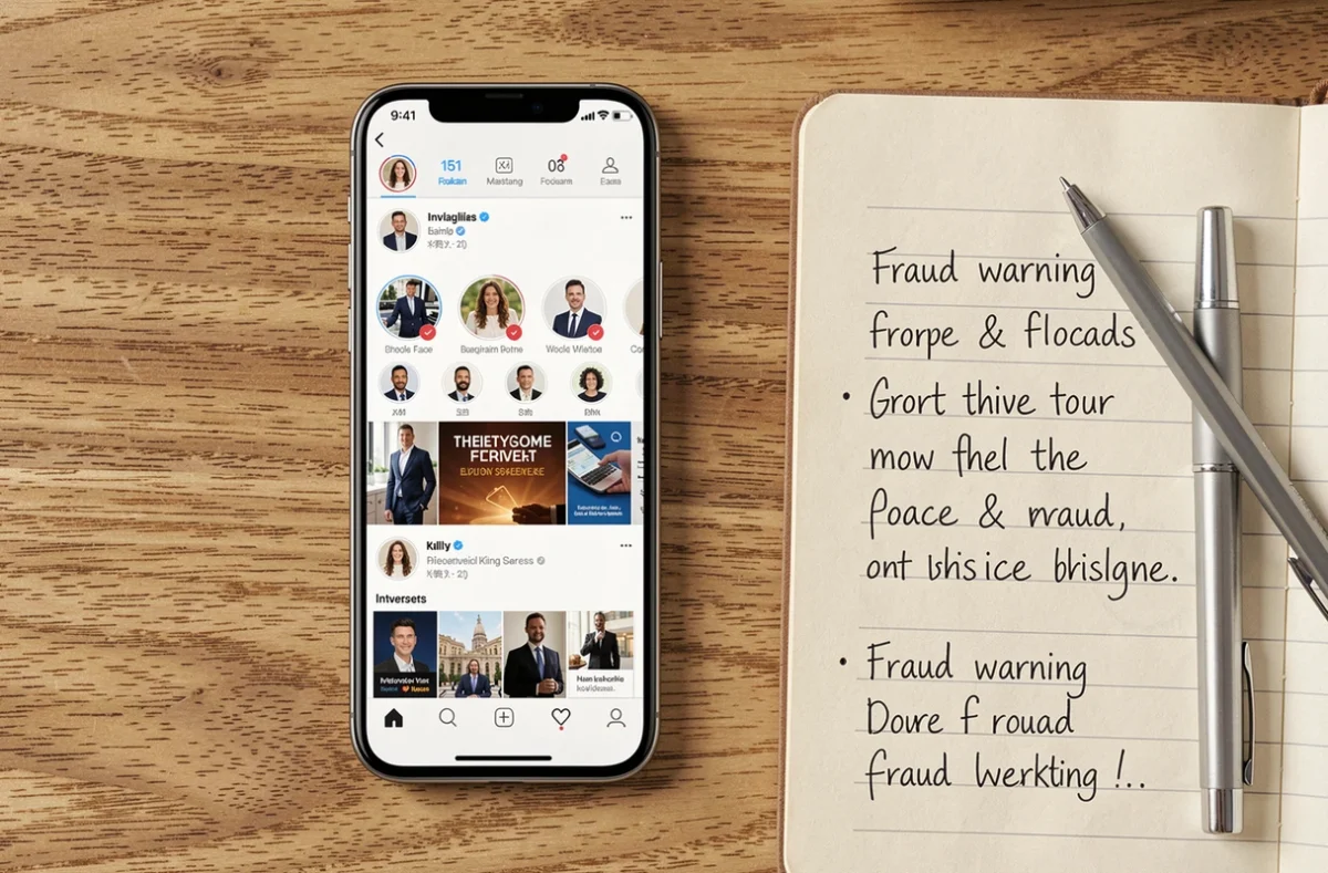 Vue de dessus d'un smartphone affichant un faux profil Instagram avec des notes manuscrites sur les arnaques financières