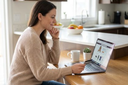 Femme souriante utilisant sa carte de crédit pour un achat en ligne à la maison