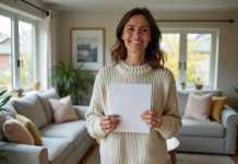 Femme souriante tenant documents de propriété dans son salon