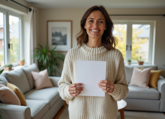 Exonération taxe d’habitation résidence secondaire : qui peut en bénéficier ? Femme souriante tenant documents de propriété dans son salon