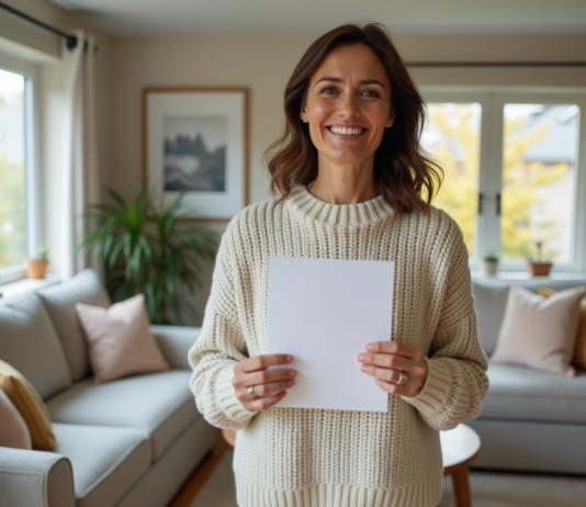 Exonération taxe d’habitation résidence secondaire : qui peut en bénéficier ? Femme souriante tenant documents de propriété dans son salon