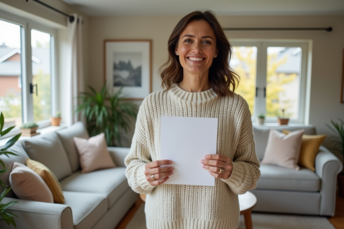 Femme souriante tenant documents de propriété dans son salon