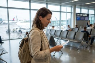 Femme en voyage au départ d'un aéroport européen tenant sa carte d'embarquement, illustration d'une protection voyage pour un week-end à l'étranger